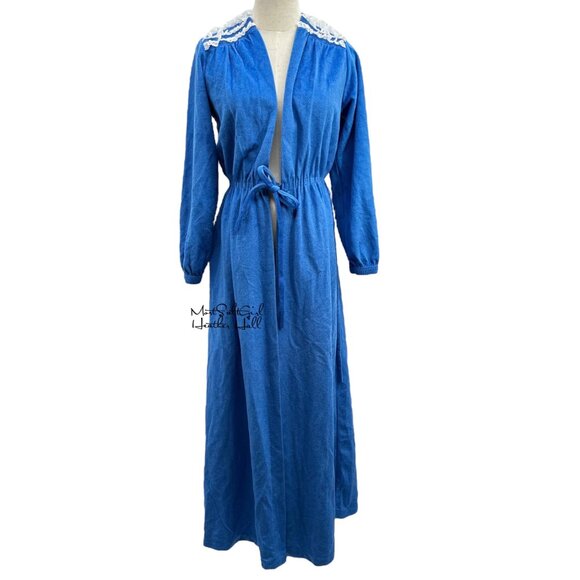 Vintage 1980's  Julie Girl Blue Robe Drawstring Waist & Lace Accent Trim - Picture 1 of 6